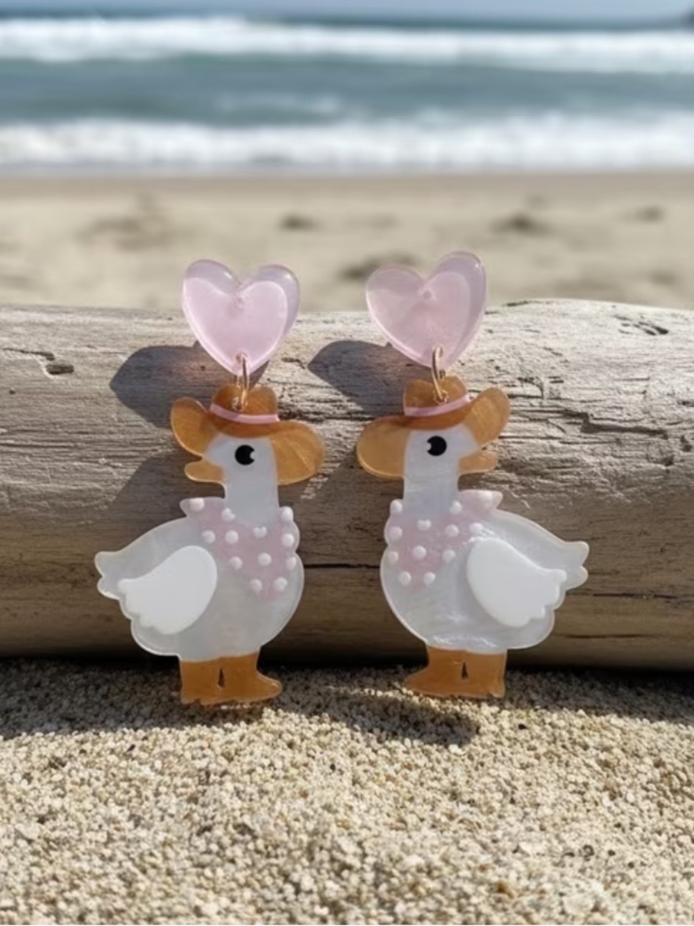 Duck Dangle Earrings in White, Pink & Tan